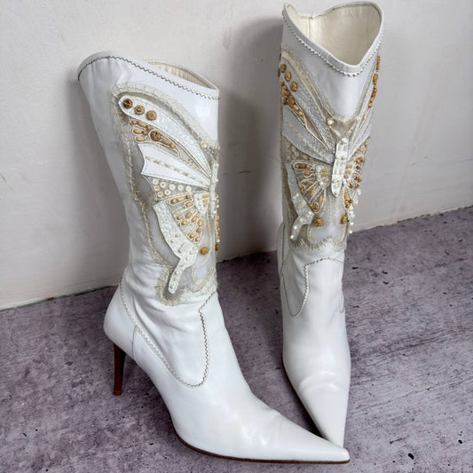 Le Silla Butterfly White Leather Beaded Boots 38/38.5