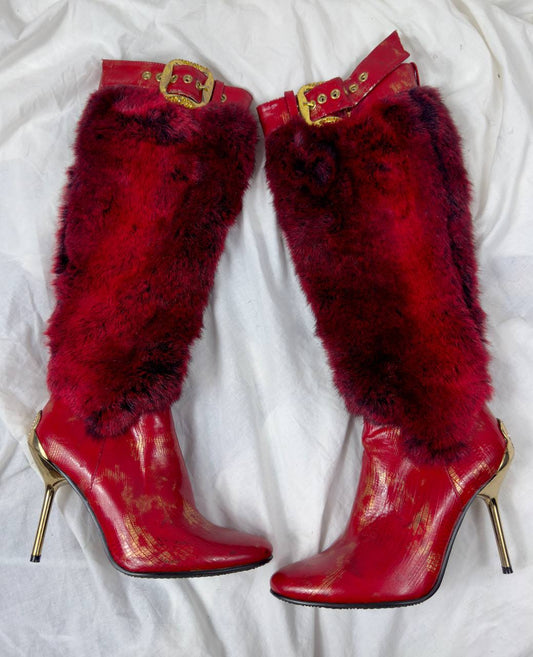 Vintage Red Faux Fur Boots 38/38.5