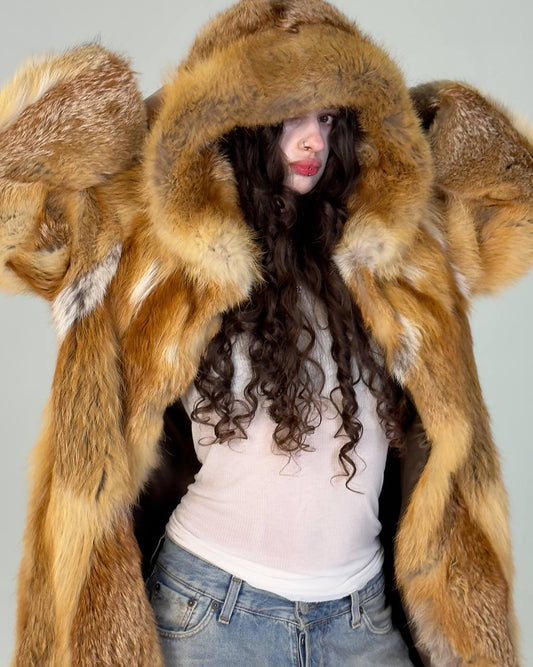 Vintage Long Fox Fur Hooded Coat