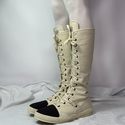Gianni Barbato Knee High Lace Up Boxing Moto Boots